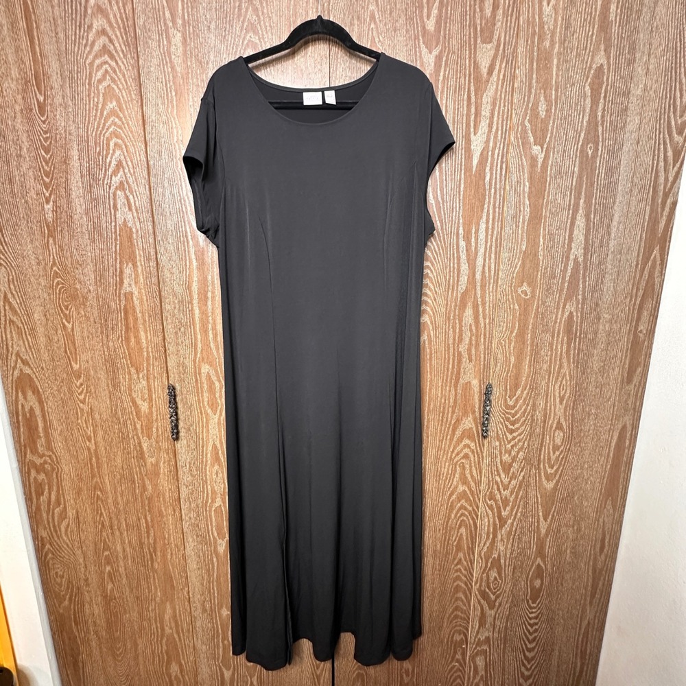 Chico's Black Maxi Dress Size 3 Short Sleeve Stretch Scoop Neck Stretch Jersey